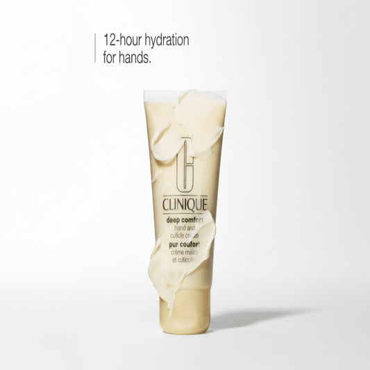 Clinique hand cream tube with text about 12-hour hydration on a white background