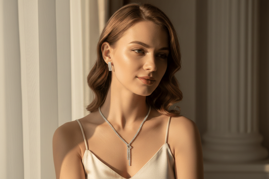 Woman wearing diamond jewelry including earrings, necklace, and ring in a soft light setting.