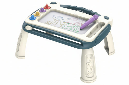 Children's drawing board with colorful pens on a white background