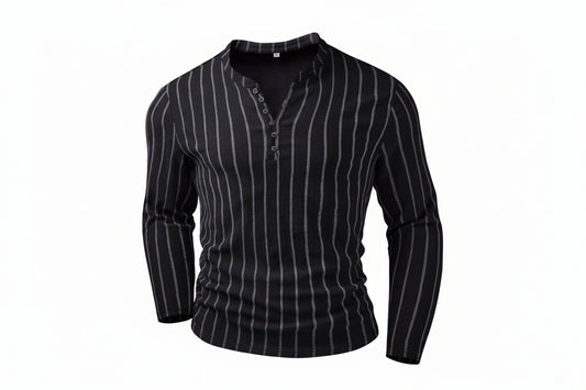 Black pinstripe long-sleeve shirt on a white background