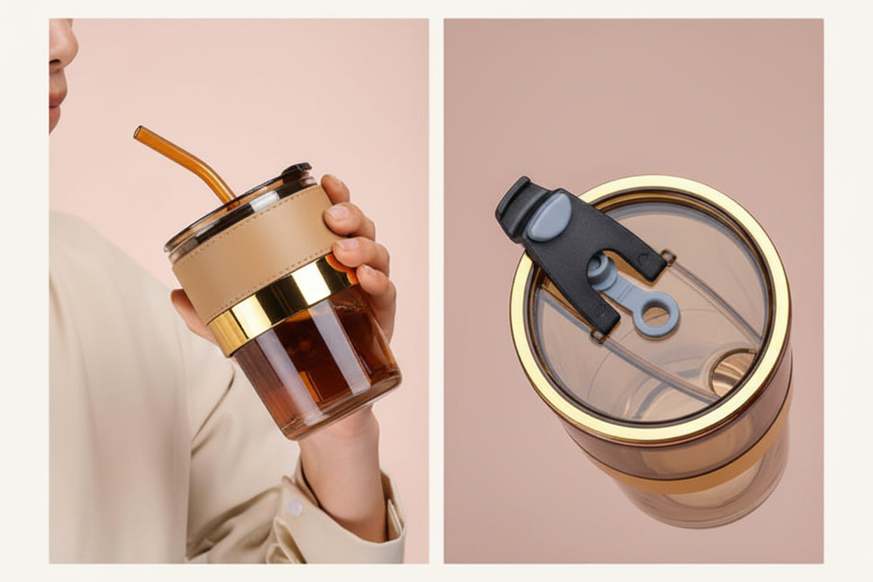 Glass tumbler with straw holder and clip, held by a person, on a light pink background.