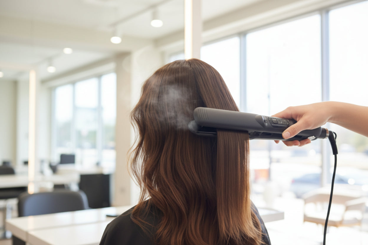 Person using a hair straightener on their hair in a bright room.