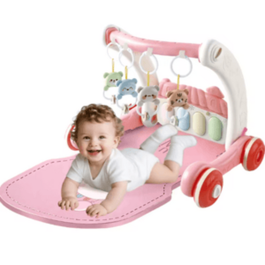 Baby in a pink and white crib with toys on a white background