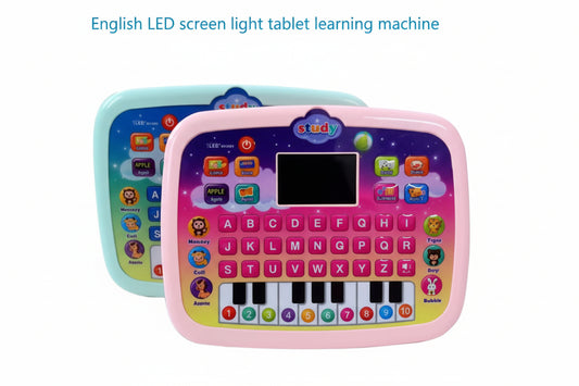 Two colorful children's learning machines with LED screens and keyboards on a white background.
