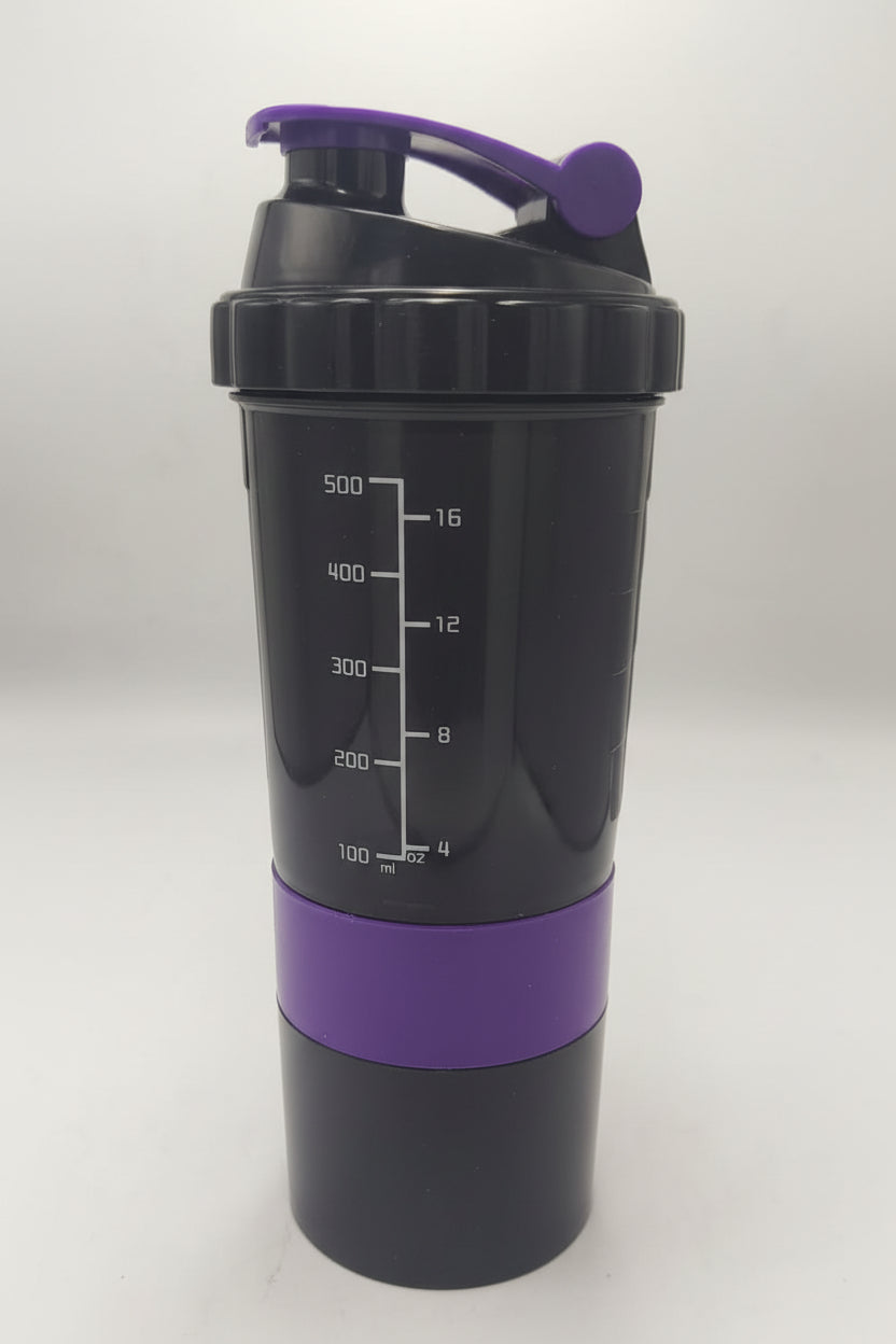 Black and purple shaker bottle with measurement markings on a white background