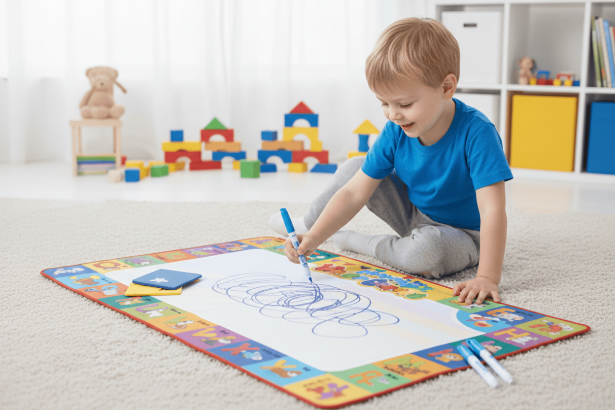 Child drawing on a large mat with colorful toys in the background