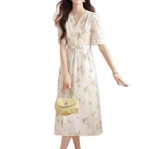 V-neck Puffed-sleeve Patchwork Printed Midi Dress