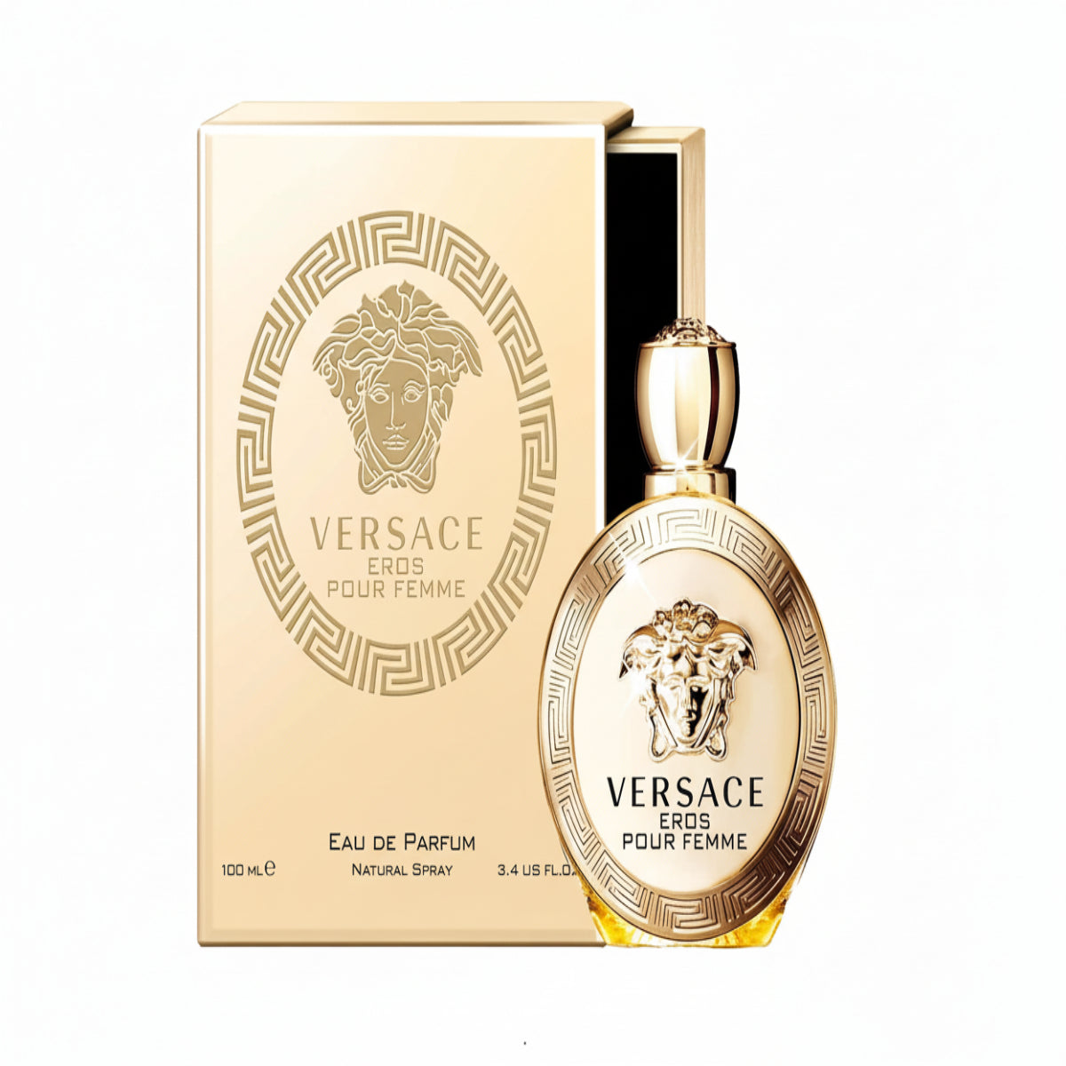 Versace perfume bottle and packaging on a white background