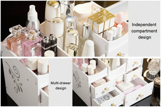 Cosmetic organizer with independent compartments and multi-drawer design.