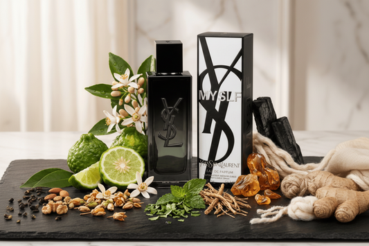 YSL perfume bottle and packaging with floral and fruit elements on a neutral background