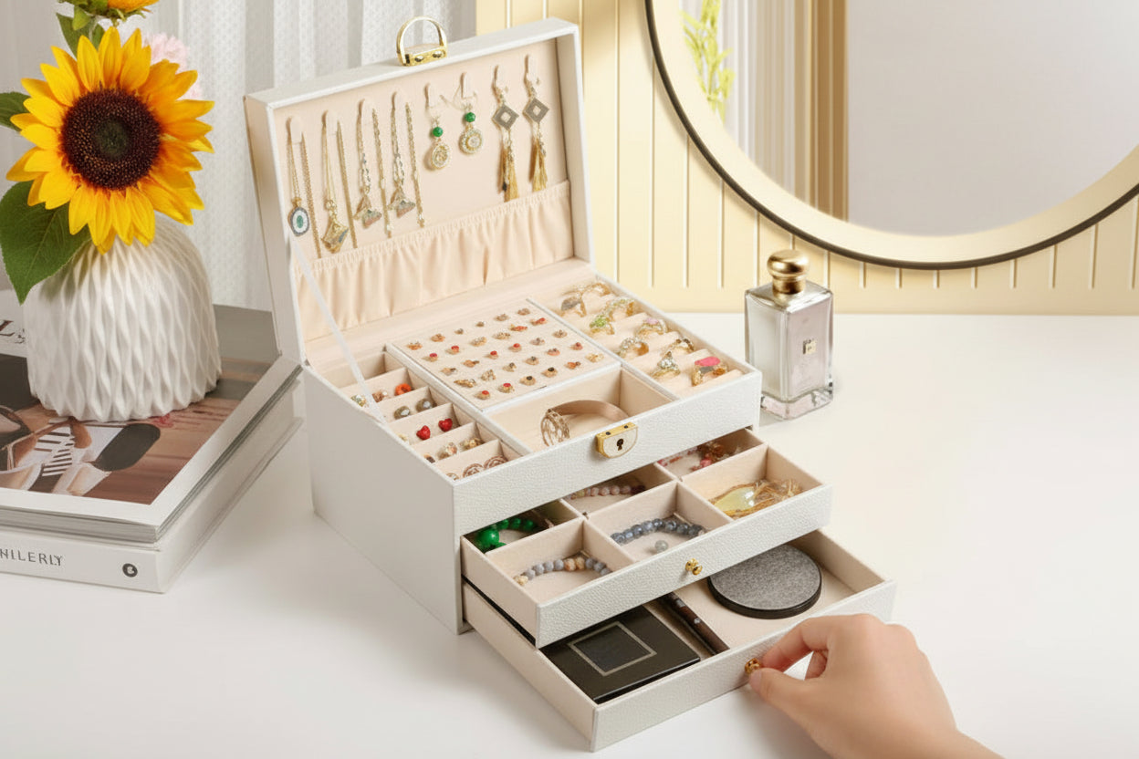 Open jewelry box with various jewelry items on a table.