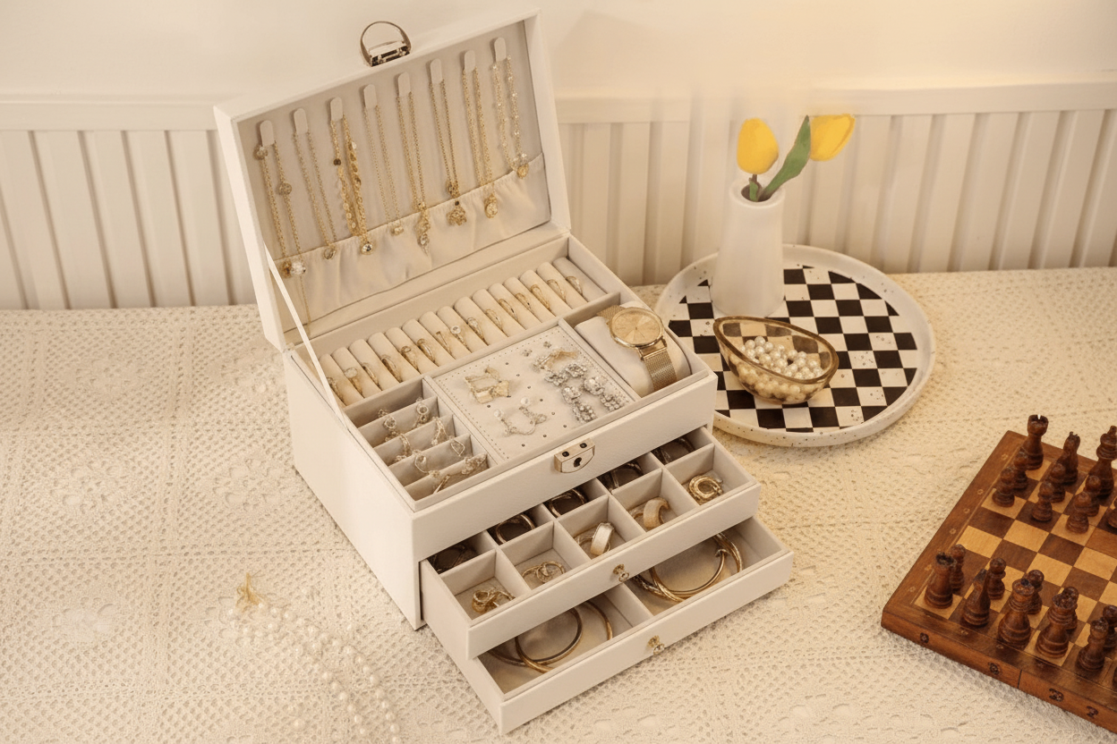 Beige jewelry box with various jewelry items on a checkered floor.