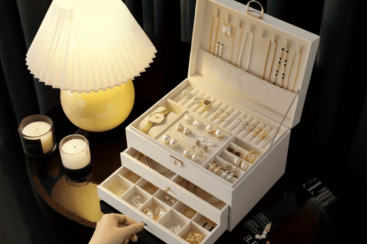 Open jewelry box with various earrings on a dark surface