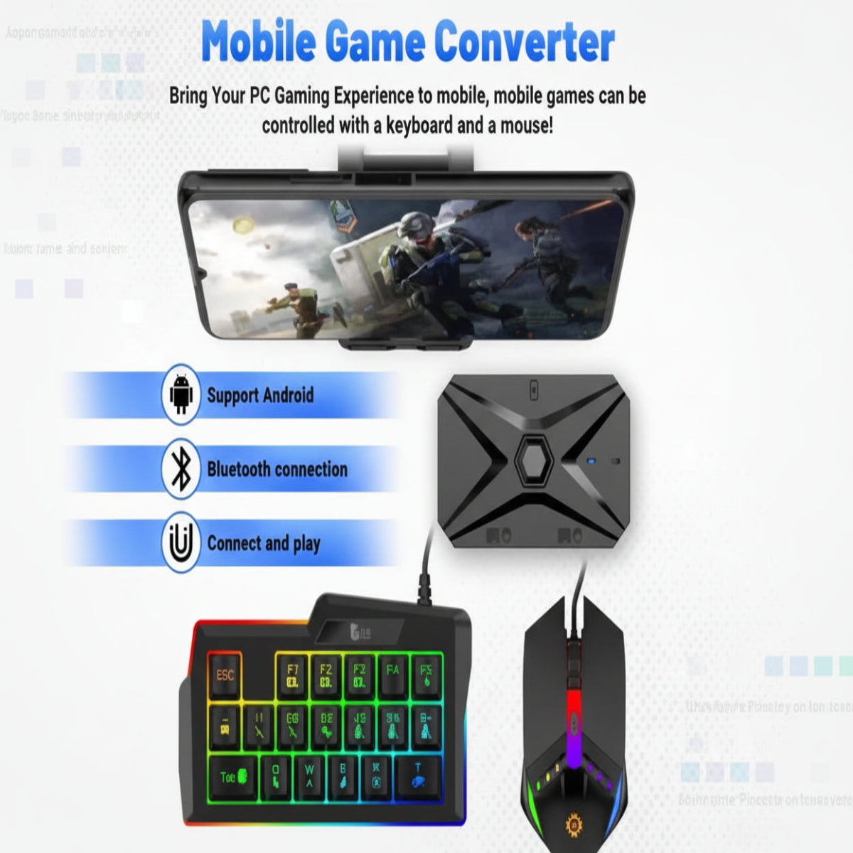 Mobile Game Converter with smartphone, keyboard, and mouse on a white background