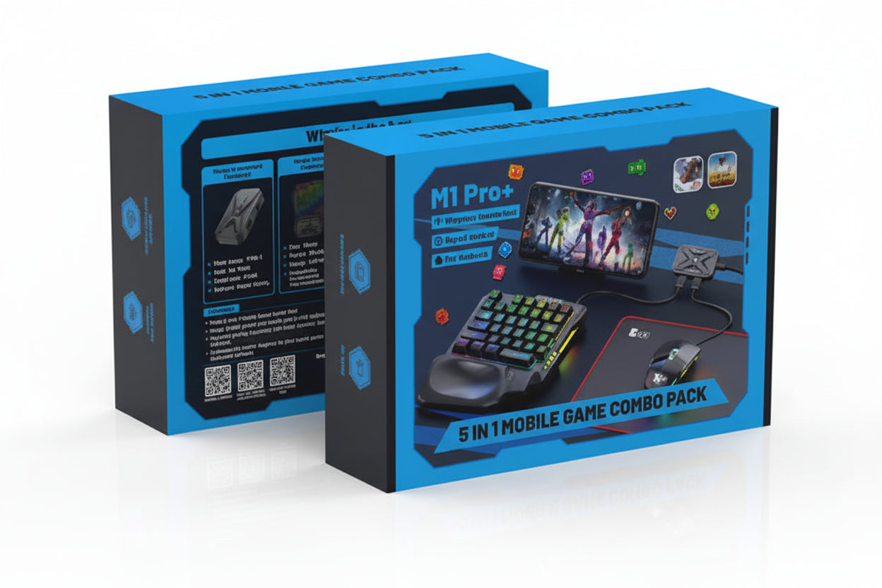 Two M1 Pro mobile gaming console packs in blue packaging on a white background