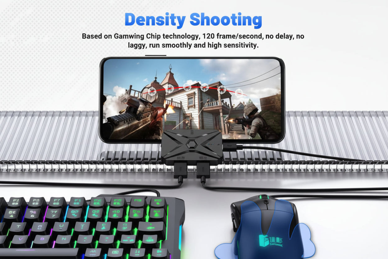 Gaming setup with phone, keyboard, and mouse on a desk