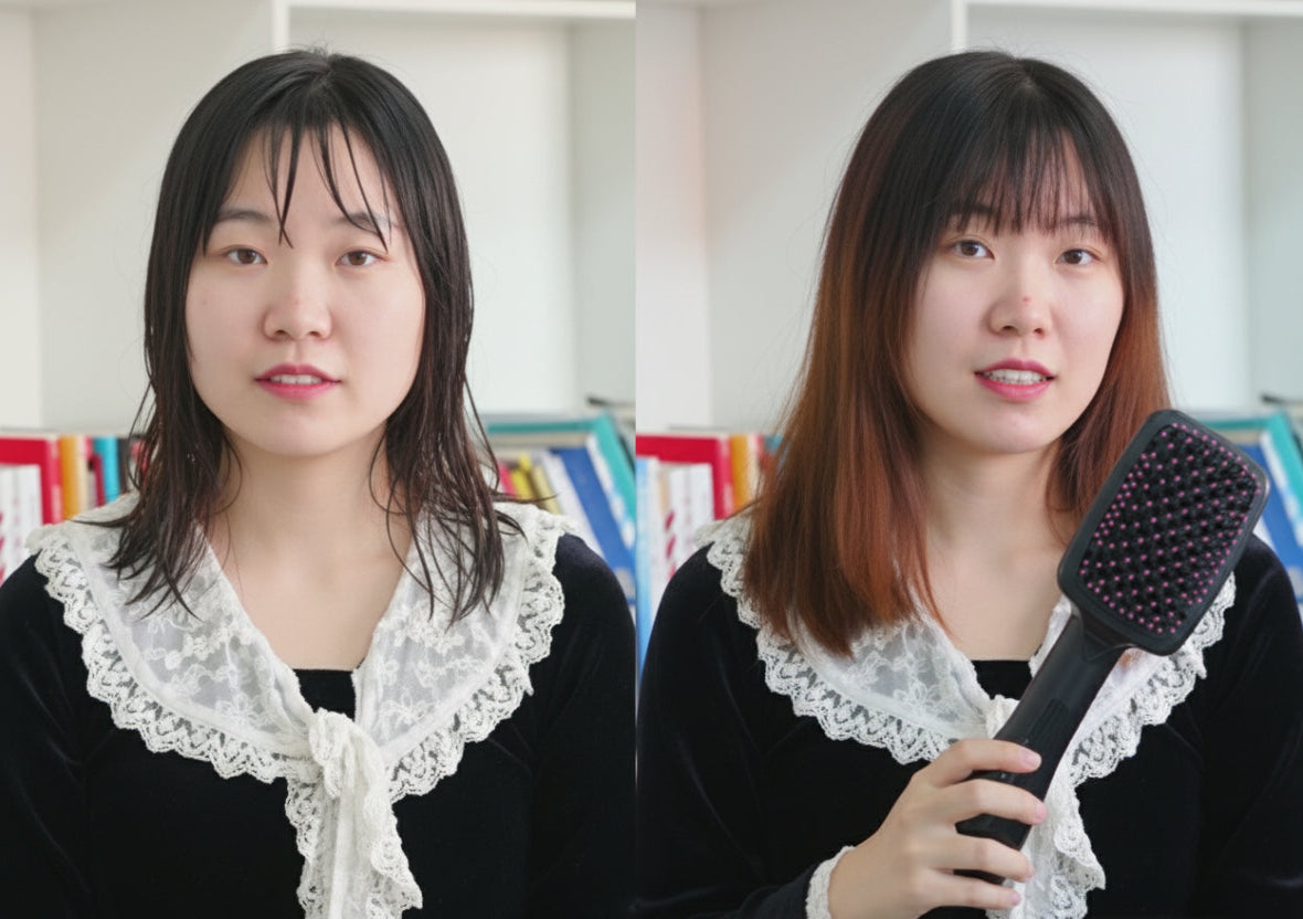 Side-by-side comparison of a woman with different hairstyles, holding a hairbrush.