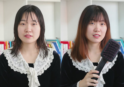 Side-by-side comparison of a woman with different hairstyles, holding a hairbrush.