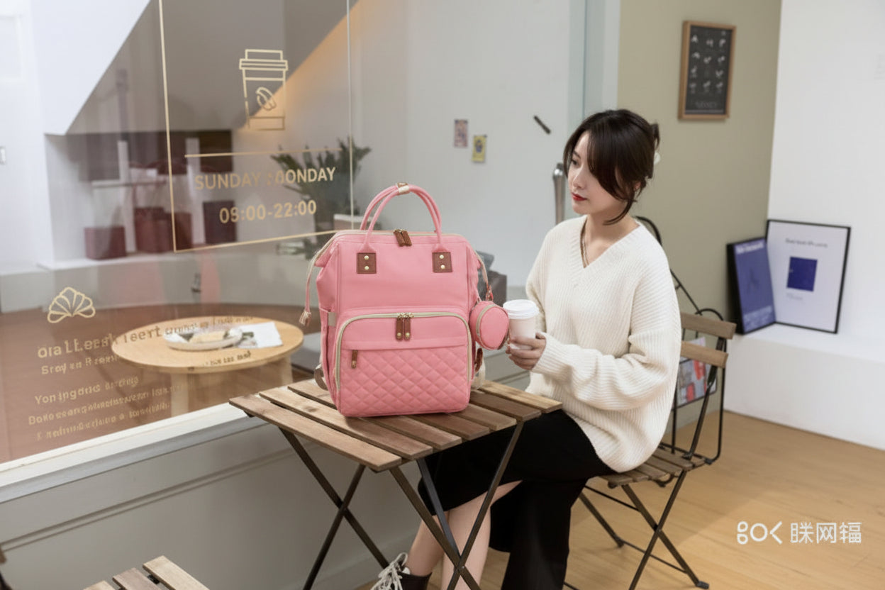 Woman sitting at a table with a pink backpack in a room with a window and furniture.