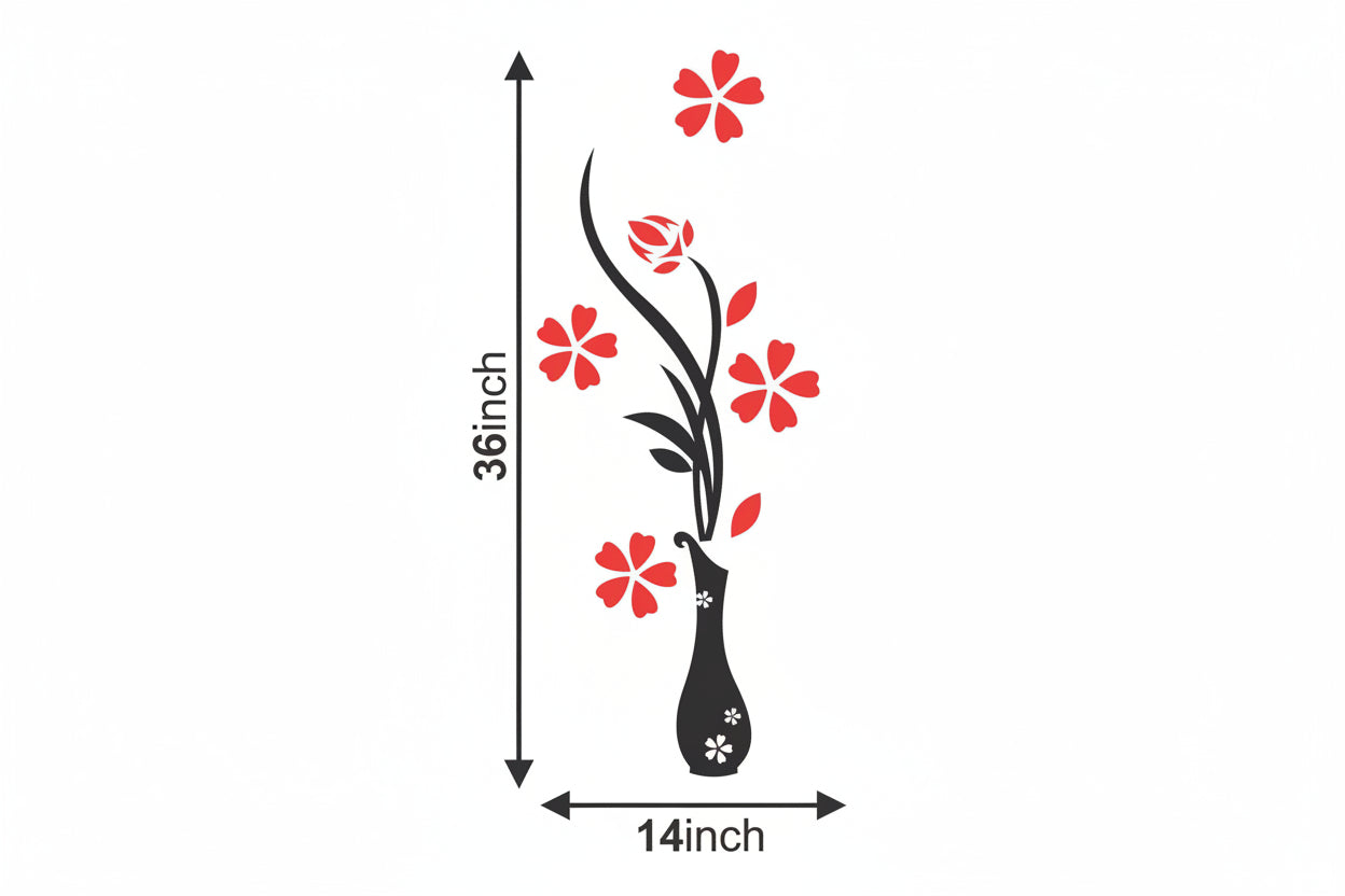 Wall decal of a vase with red flowers and measurement details on a white background