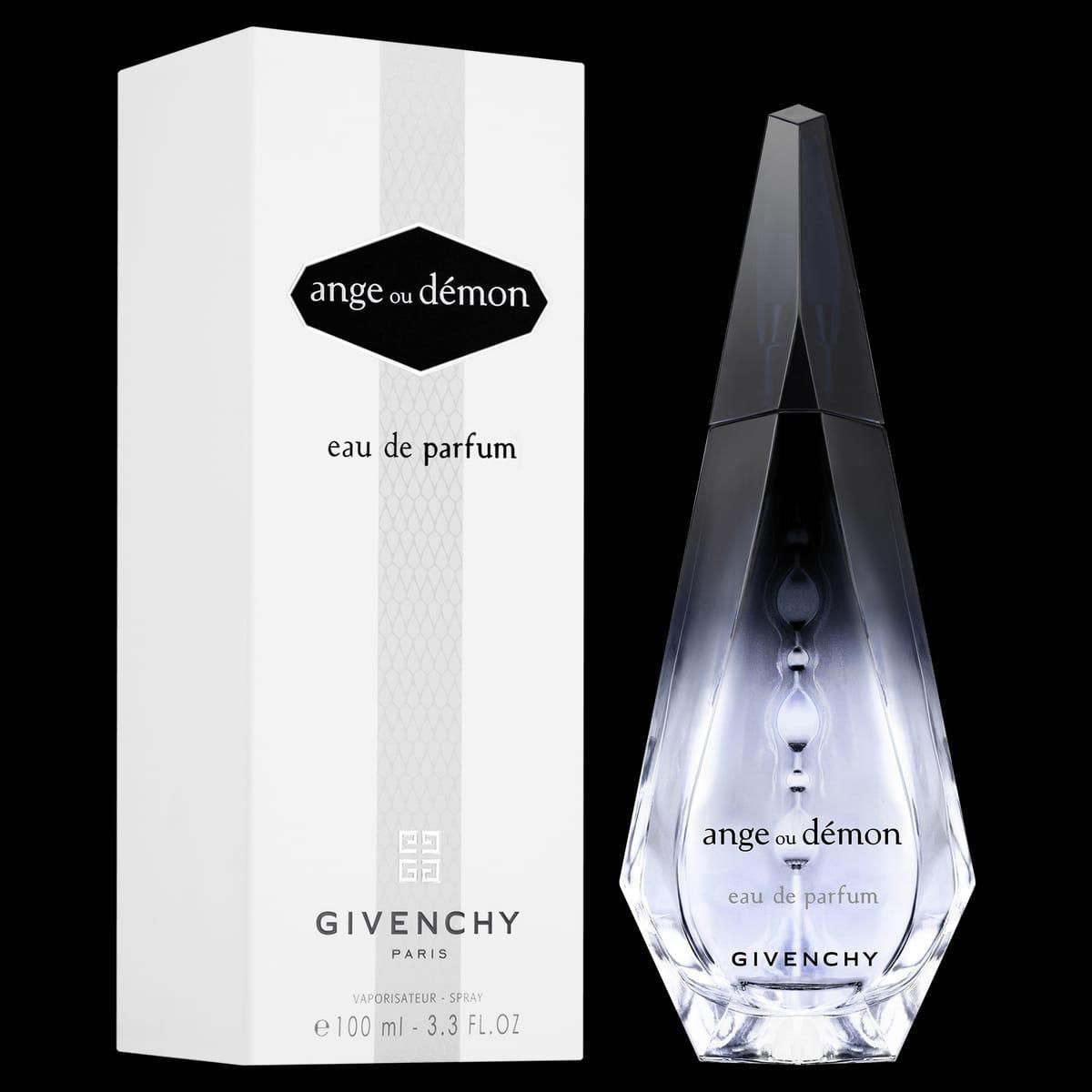 Givenchy 'ange ou demon' eau de parfum bottle and packaging on a black background
