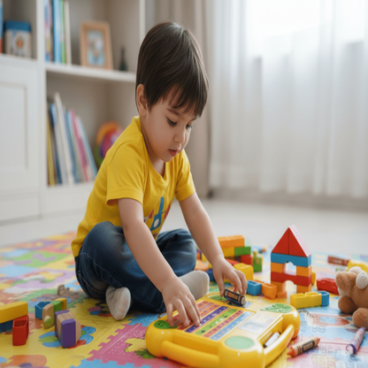 Child playing with toys on a colorful mat in a room with books and a window.