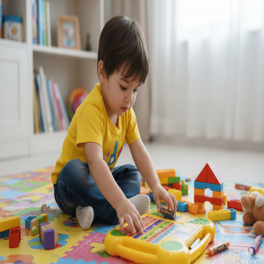 Child playing with toys on a colorful mat in a room with books and a window.