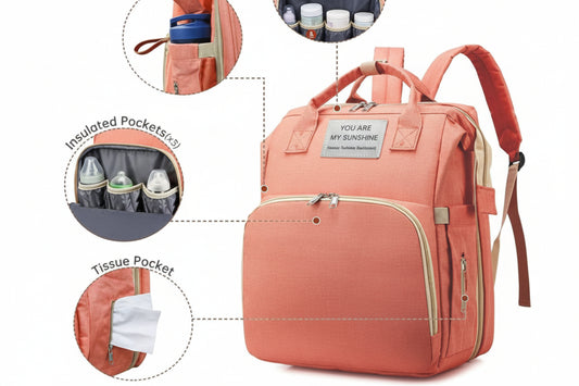 Pink backpack with multiple compartments and features highlighted
