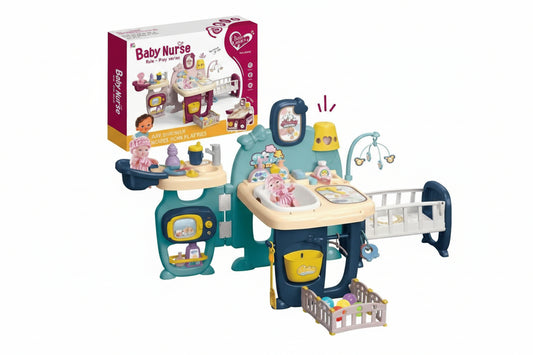 Toy baby nurse set with detailed furniture and accessories, including a box labeled 'Baby Nurse'.