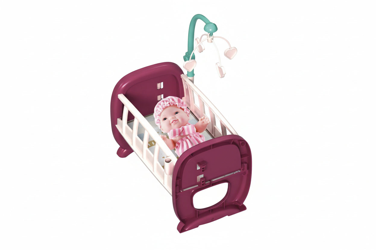 Baby crib with a doll inside on a white background