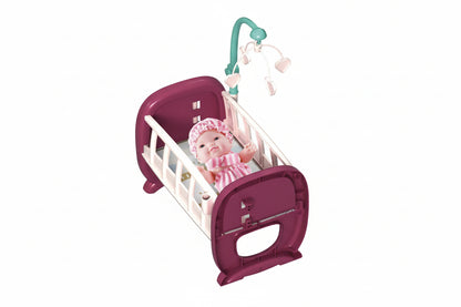 Baby crib with a doll inside on a white background