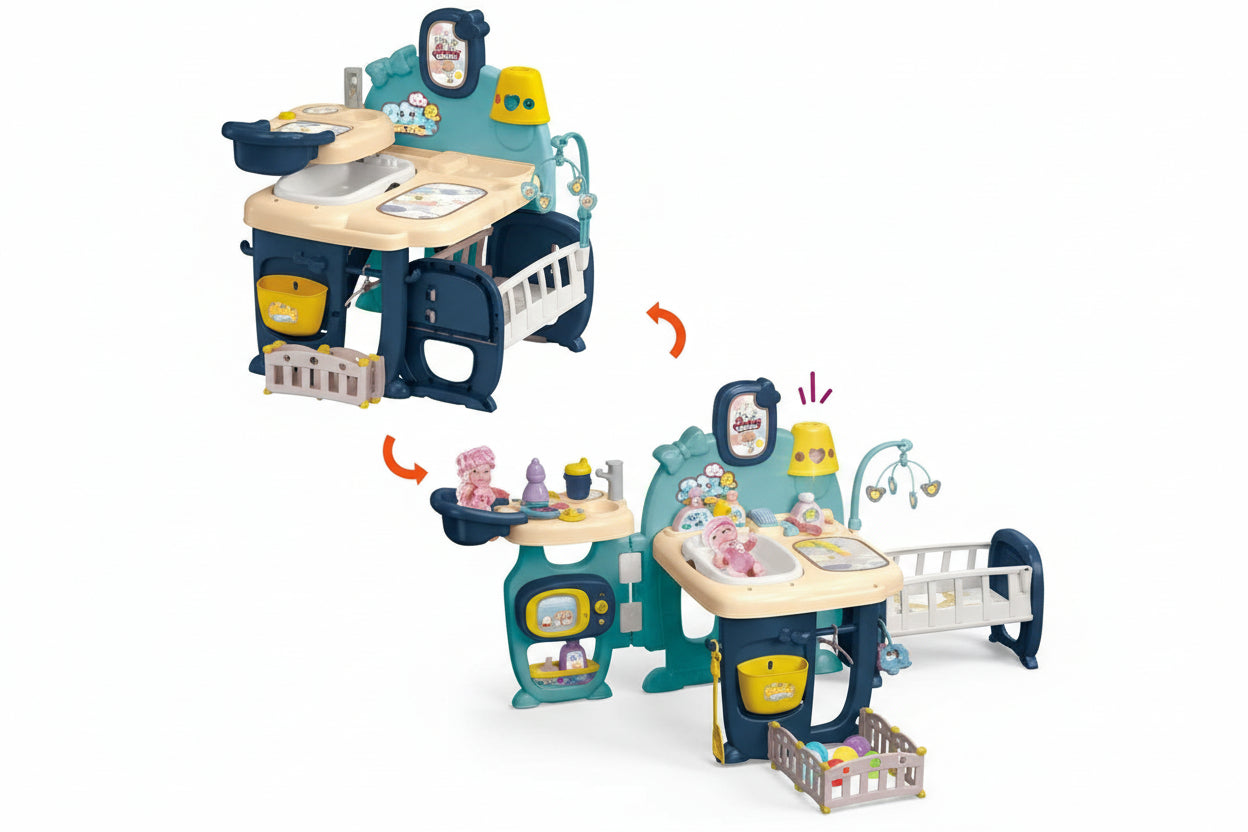 Children's play kitchen set with various accessories on a white background