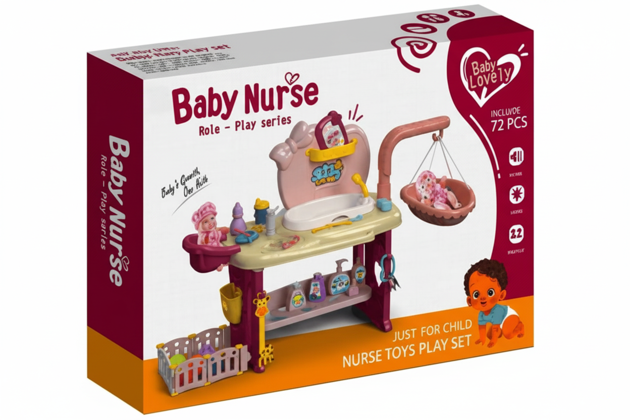 Boxed toy set for a baby nurse play set with illustrations and text on a white background