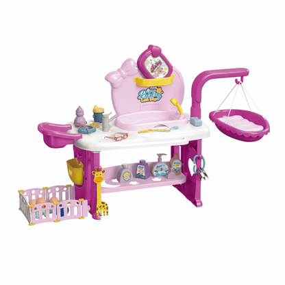 Toy baby play set with pink and purple colors on a white background