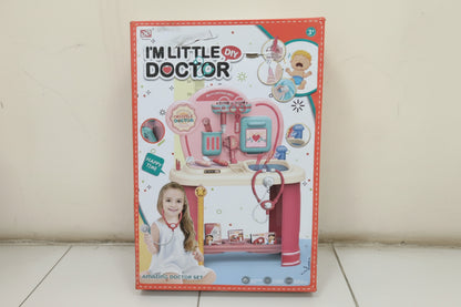 Toy doctor set packaging with colorful design and text on a white surface