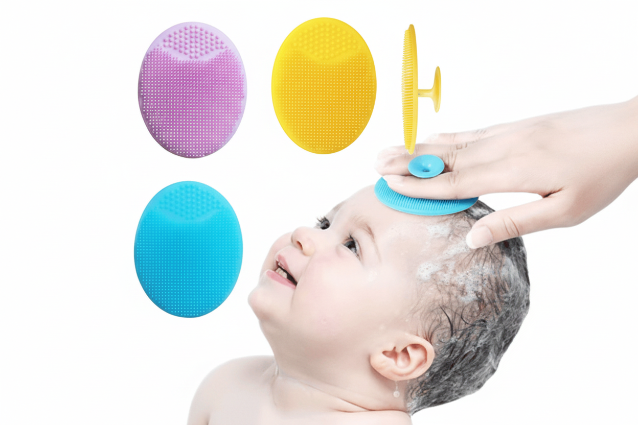 Baby being bathed with various silicone scrubbers on a white background