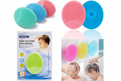 Baby silicone bath brush with packaging and usage examples on a clear background