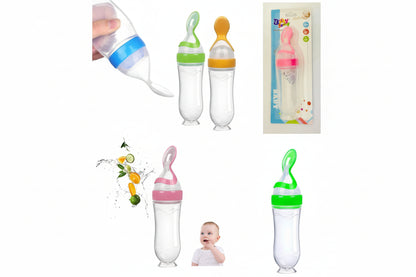 Baby feeding bottles with colorful caps and a baby in the background on a white background
