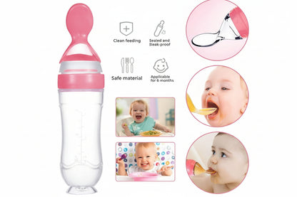 Pink baby feeding spoon with images of babies and text highlighting features