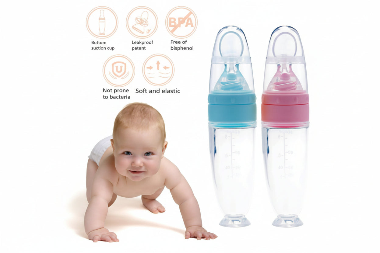 Two baby bottles with a baby crawling next to them, featuring text on bottle features.