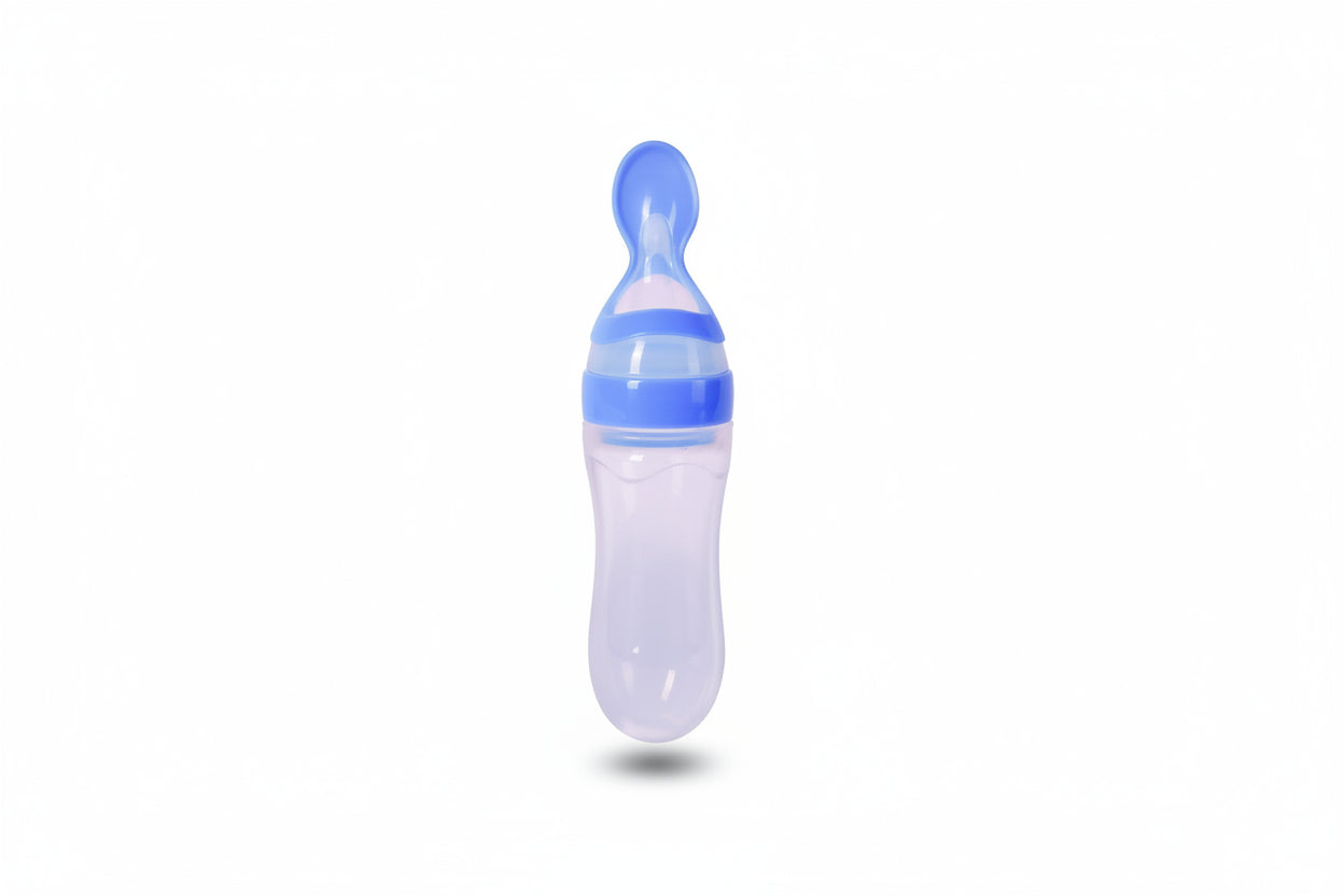 Silicone squeeze bottle spoon with blue lid on a white background