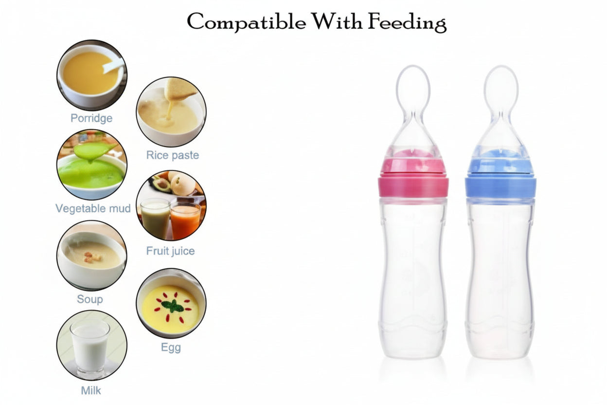 Two baby feeding bottles with colorful caps next to images of various baby foods.
