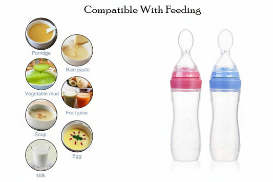 Two baby feeding bottles with colorful caps next to images of various baby foods.