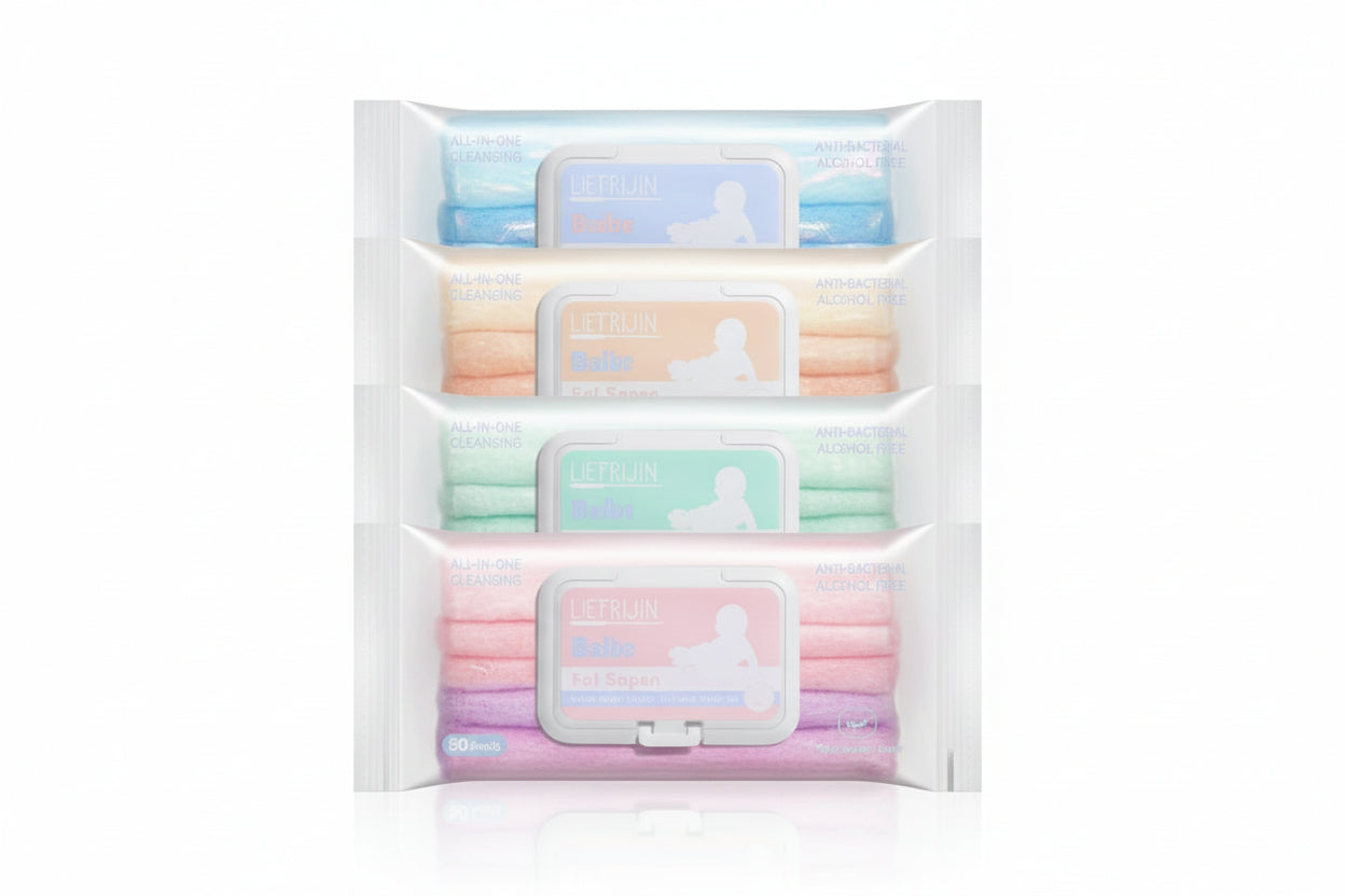 Set of four skincare product packages in a white pouch on a white background
