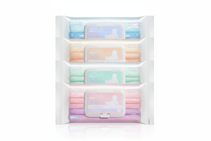 Set of four skincare product packages in a white pouch on a white background