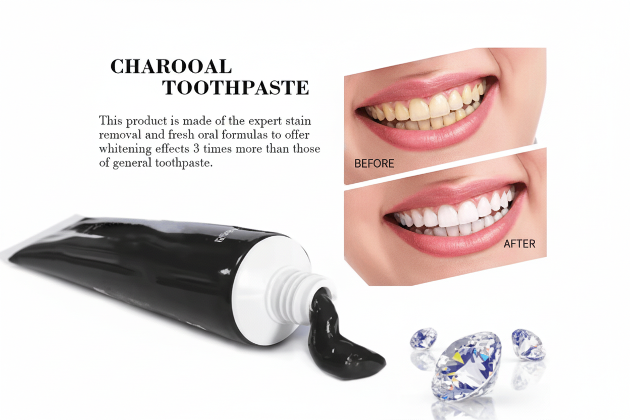 Charcoal toothpaste tube with a close-up of a smile showing white teeth, and text about the product's benefits.