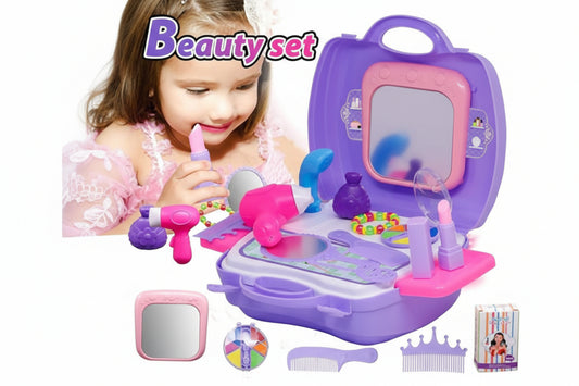 Children's beauty set with mirror, brush, and other accessories on a white background