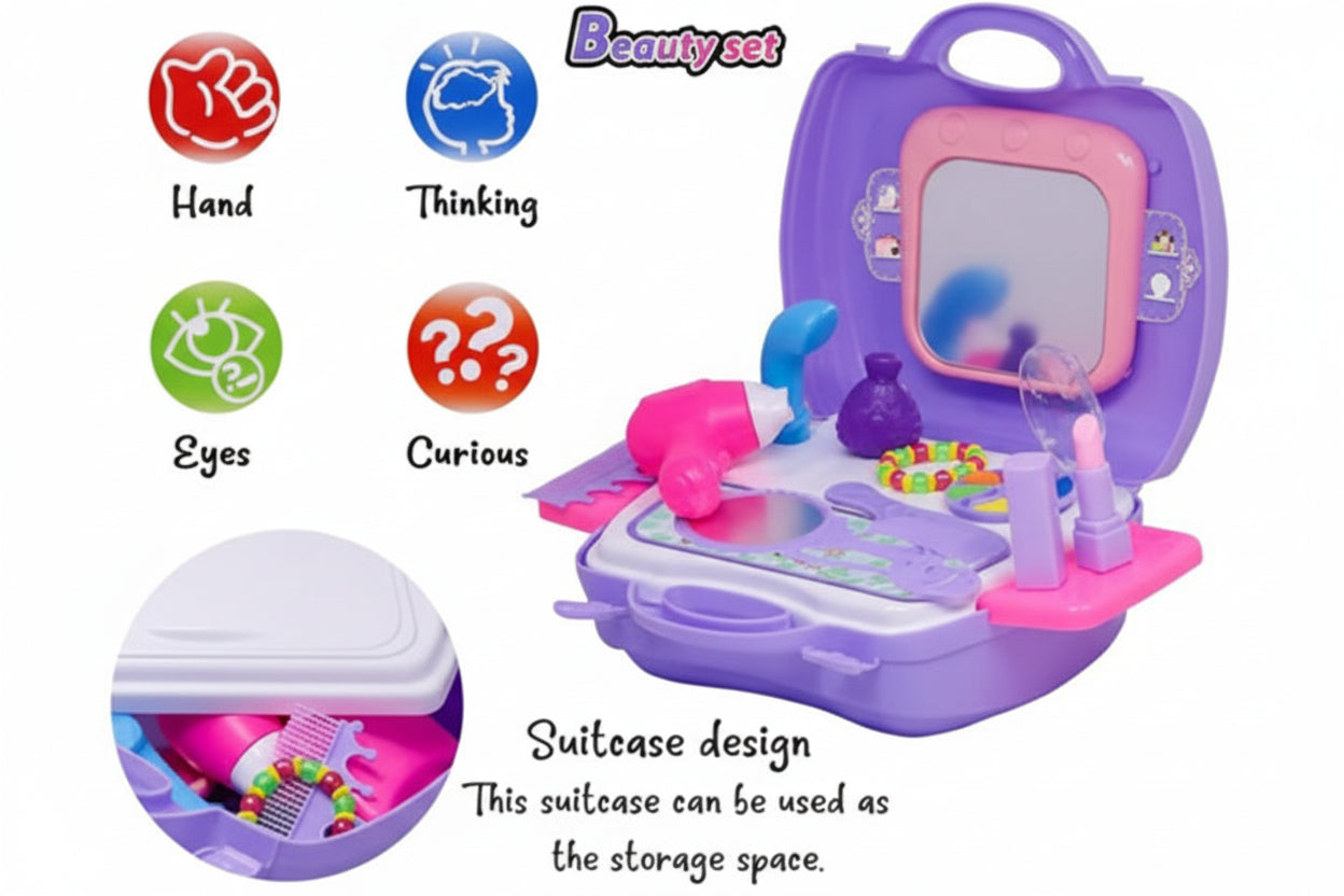 Toy makeup set with various components and a suitcase design, featuring icons and text.