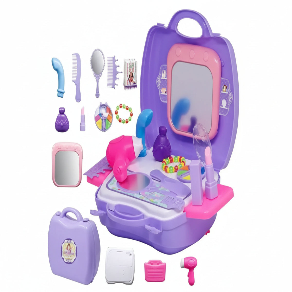 Purple toy doctor's kit with various pretend medical tools on a white background