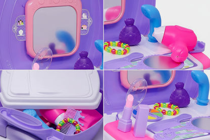 Collage of a children's toy vanity set with mirror, makeup items, and accessories on a purple background.